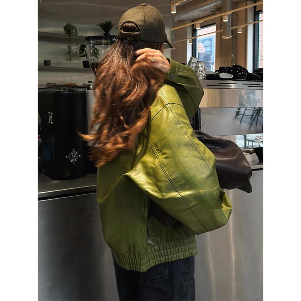 Оливково-зеленая кожаная куртка, пальто, силуэт, винтажный, уличный тренд, молния, лацкан, короткое пальто, свободный повседневный топ, верхняя одежда, осень