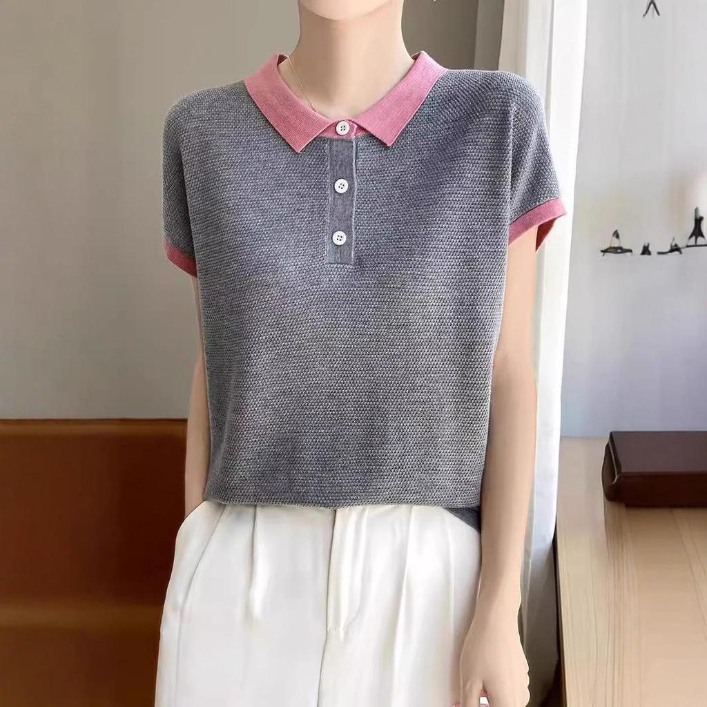 Женская футболка Tencel Colorblock Polo Collar с коротким рукавом и контрастным принтом – стильный, свободный, летний топ, который омолаживает