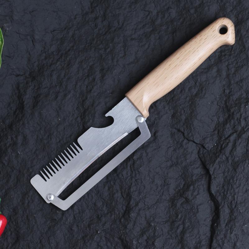 Многофункциональная овощечистка для кухни, Ультраострое лезвие из нержавеющей стали с деревянной ручкой и открывалкой для бутылок