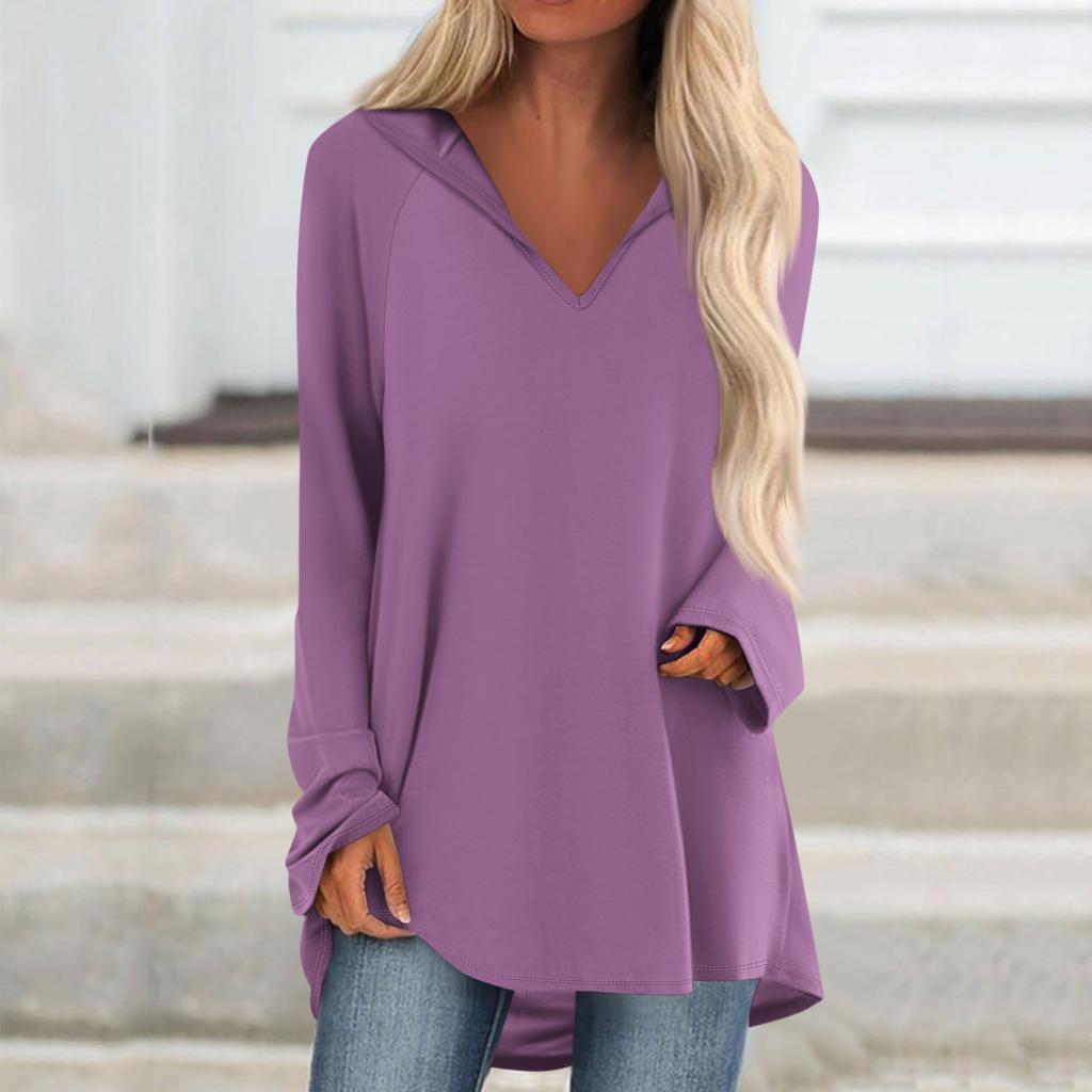 Женские свободные топы с V-образным вырезом и капюшоном с длинными рукавами, повседневные топы, домашние пижамы для отдыха, топы
