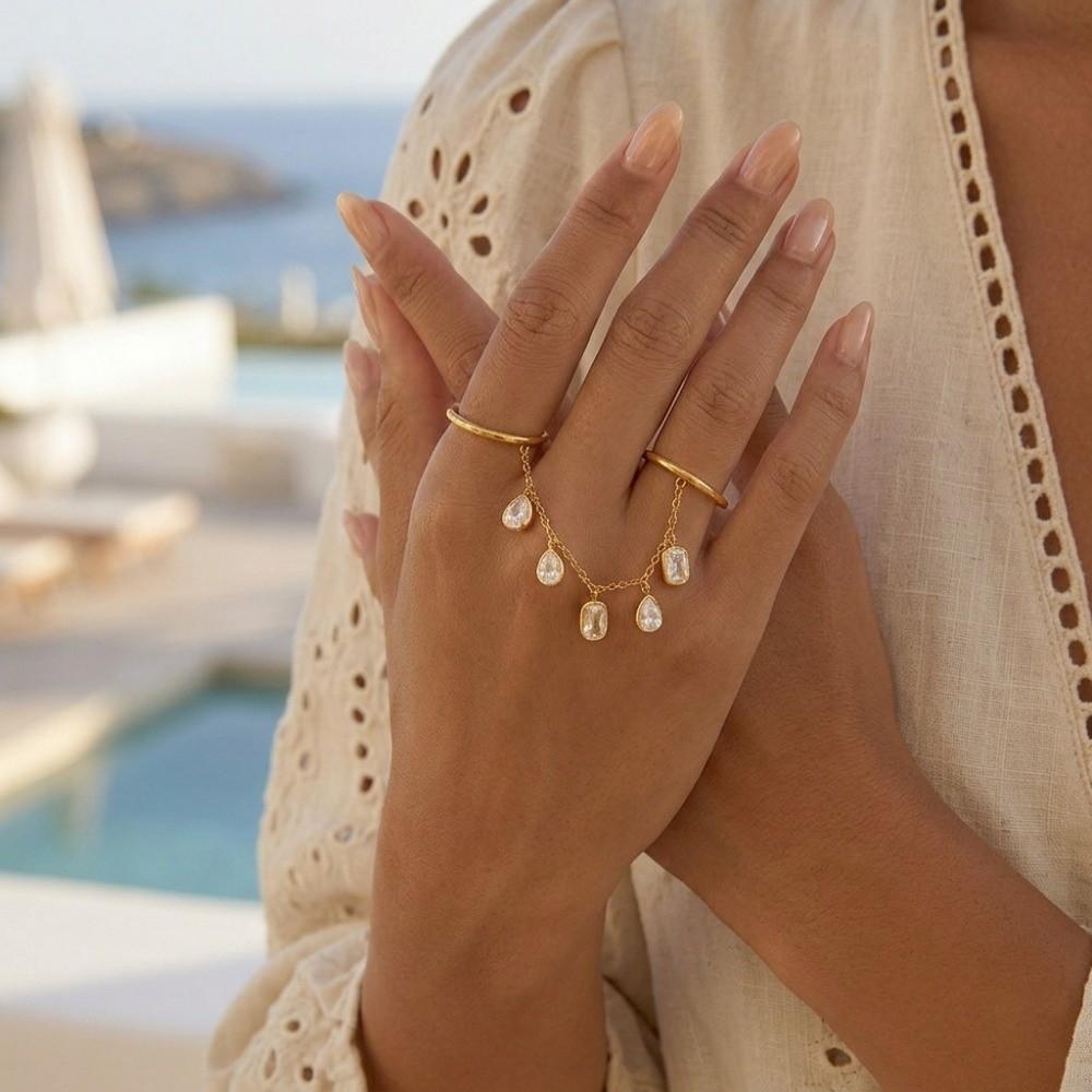 Gold Color Cubic Zirconia Rings Drop-shaped Gothic Style Rings Tassel Pendant Rings Jewelry