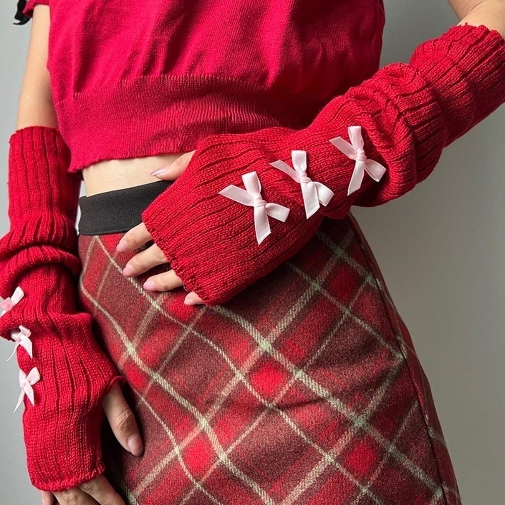 Slouchy Bow Knitted Arm Warmers Long Wrist Cuffs JK Style Sleeve Covers Street
