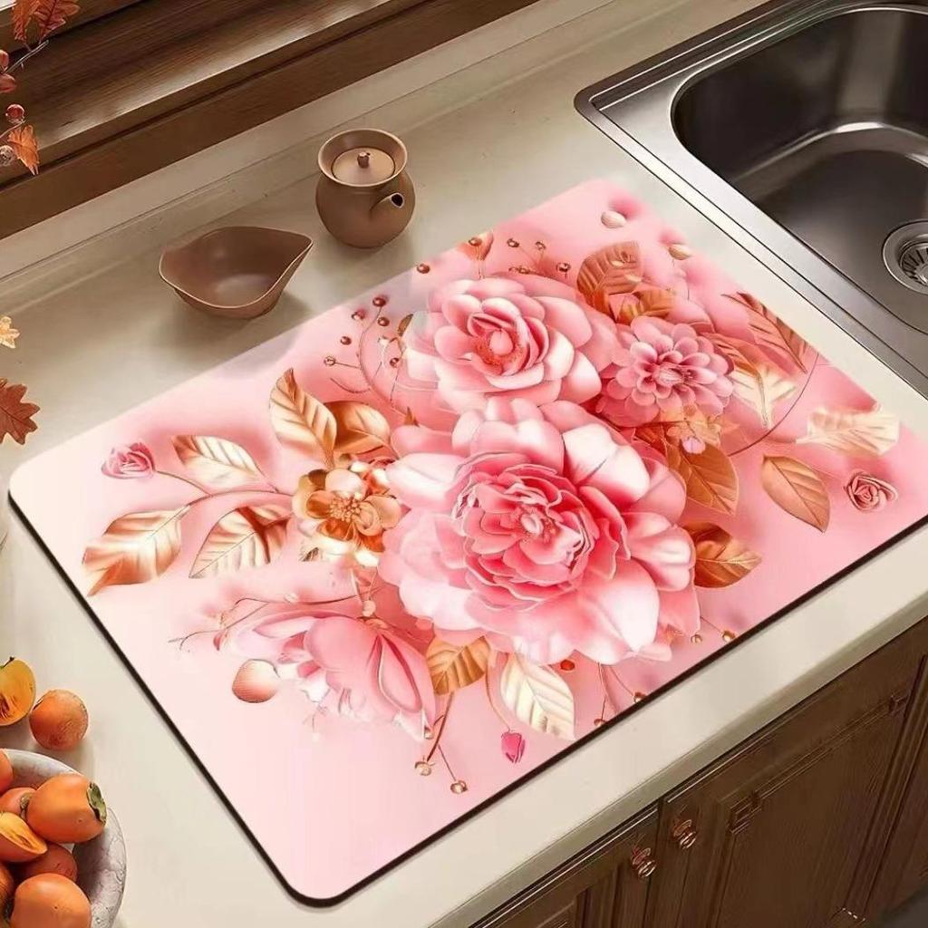 Пион Цветок 3D Впитывающий Нескользящий Коврик для Кухонной Столешницы KTY