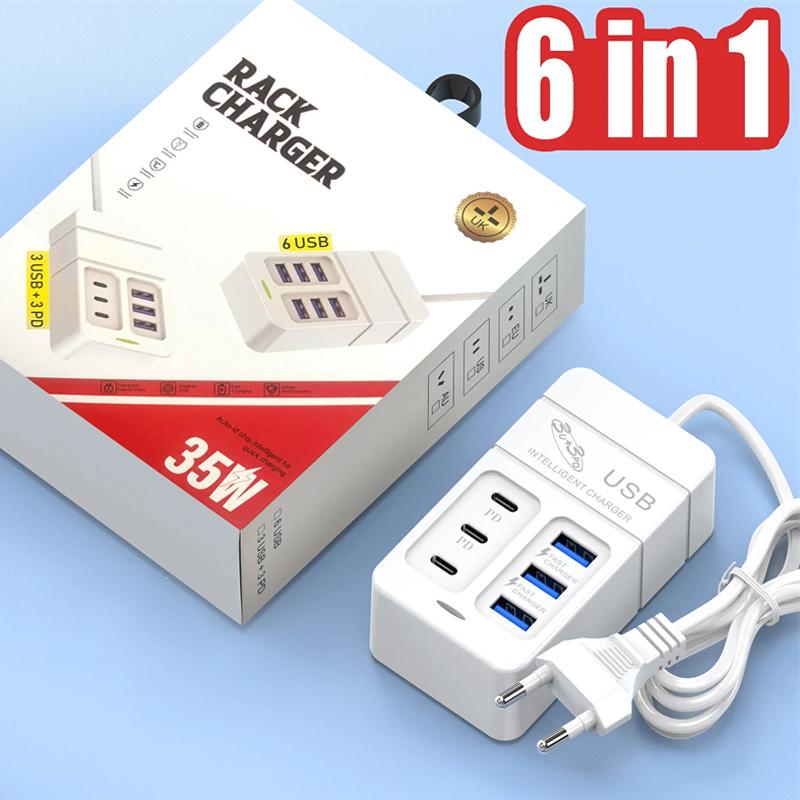 PD 35W Type C USB 6 портов удлинитель зарядная станция быстрая зарядка штекер адаптер USB A телефон настенное зарядное устройство для iPhone Samsung