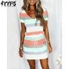 Women's Fashion Summer Spring Colour Block Print Short Sleeve V-Neck High Waist Casual Dresses