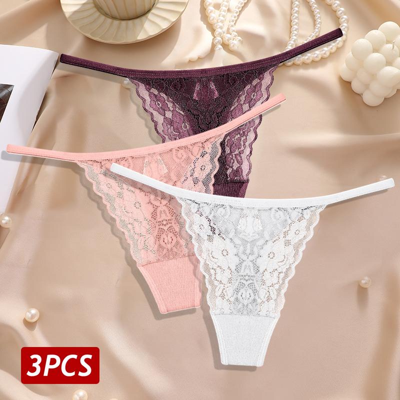 New 3Pcs/Set Sexy Lace Floral Panties For Women Low Waisted Thongs Briefs Sets Fashion Cozy Transparent Intimates Lingerie S-XL