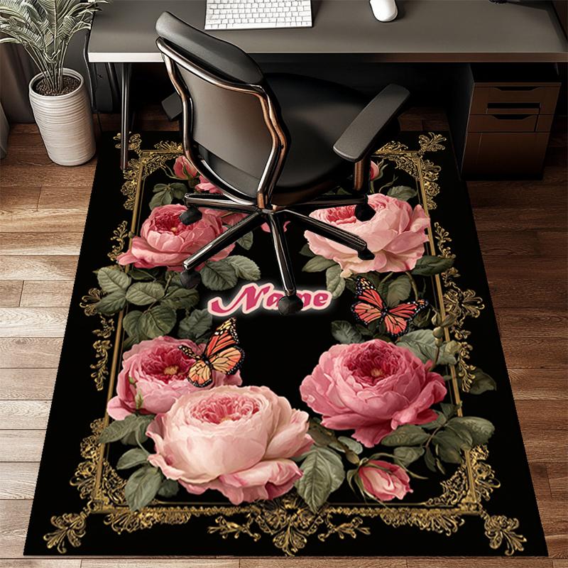 1PC Custom Name Floral Frame Butterflies Theme Floor Mat Ideal for Living Room, Game Rooms, Office, Bedroom Floor Mat Playful Design
