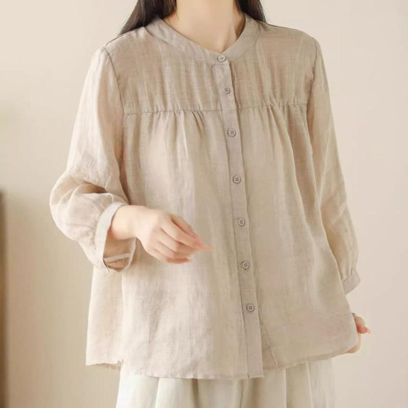 Artistic Retro Spring and Summer New Versatile Loose Slimming Cotton and Linen Cardigan Top Seven Quarter Sleeved Shirt Women's Clothing
