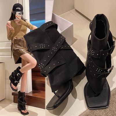 Модная новая обувь на массивном каблуке Женские современные ботильоны 2025 Модная обувь с заклепками Женские сандалии Ботинки Обувь Женские шлепанцы