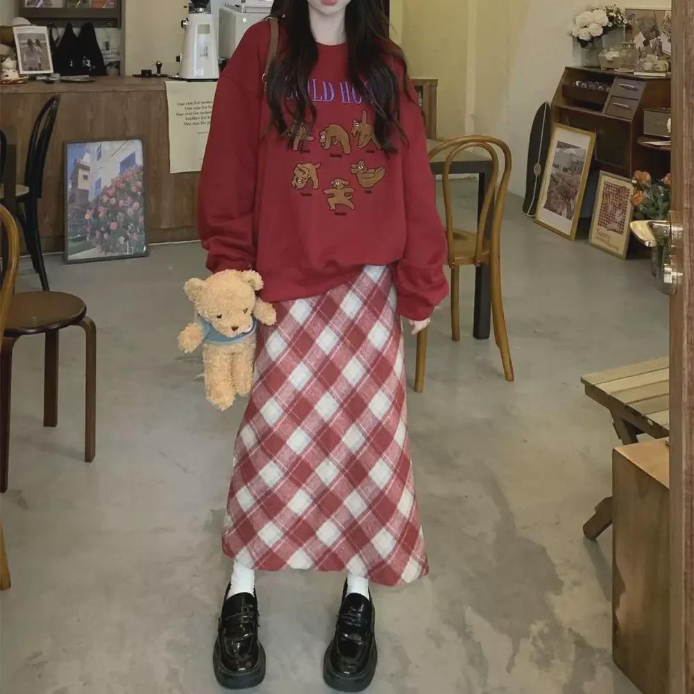 Красная шерстяная юбка в клетку с высокой талией для стройных фигур типа «груша» — корейский стиль, А-силуэт, идеально подходит для весны и осени