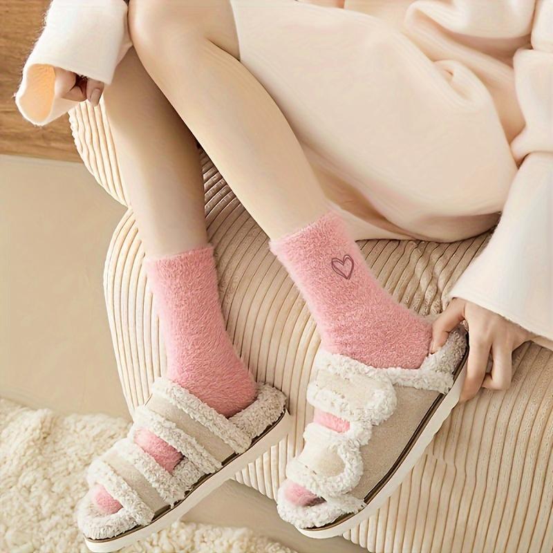 5 Pairs of Cozy Heart-Embroidered Socks - Soft, Fluffy, Mid-Calf Length, Women Autumn Winter Socks | Heart Embroidery Socks | Texture Socks