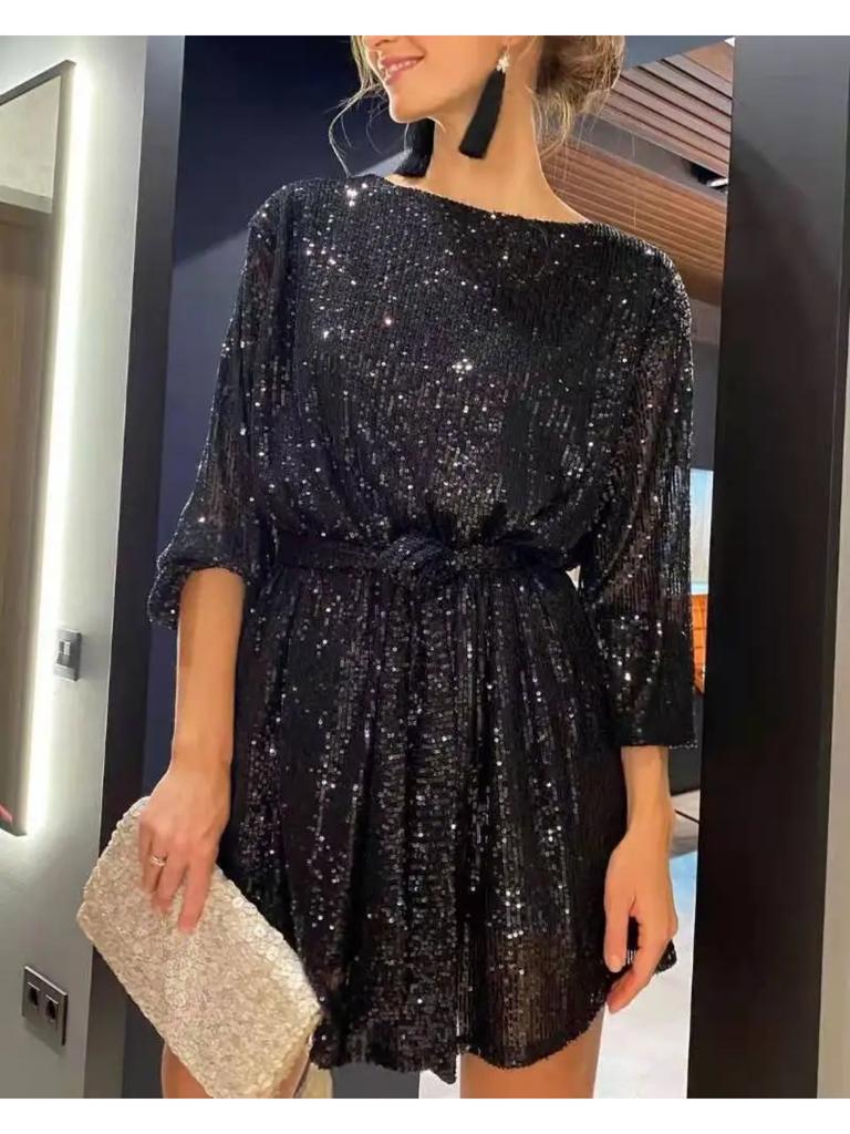 Fashion Sequined Pearl Color Waist Dress Evening Dress Skirt Women's Dress