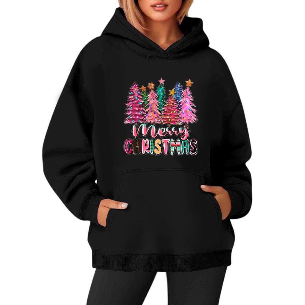 Women's Sweatshirts O-neck Long Sleeve Christmas Printed Top Solid Color Hoodie