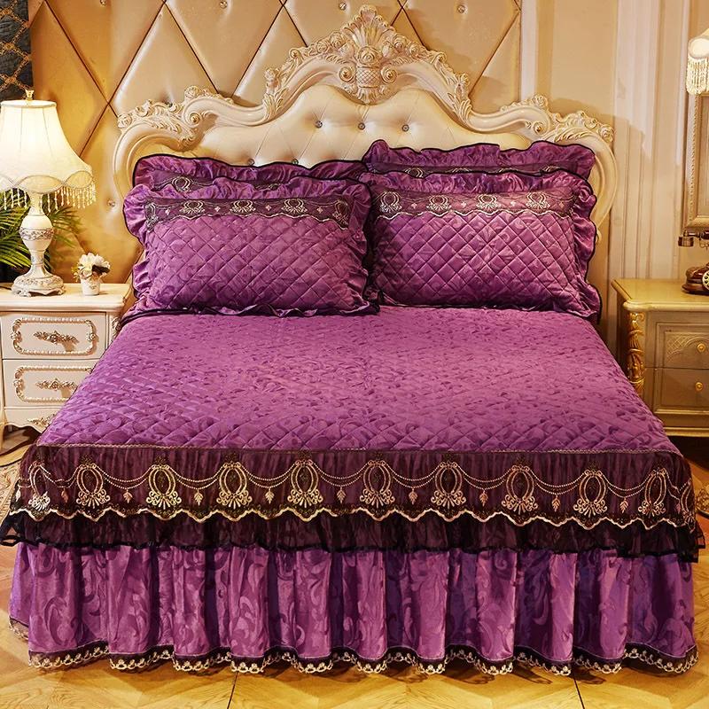 Осенне-зимние бархатные кружевные юбки-кровати из плотного хлопка с зажимом в европейском стиле, покрывало, матрас, противоскользящий защитный чехол, постельные принадлежности