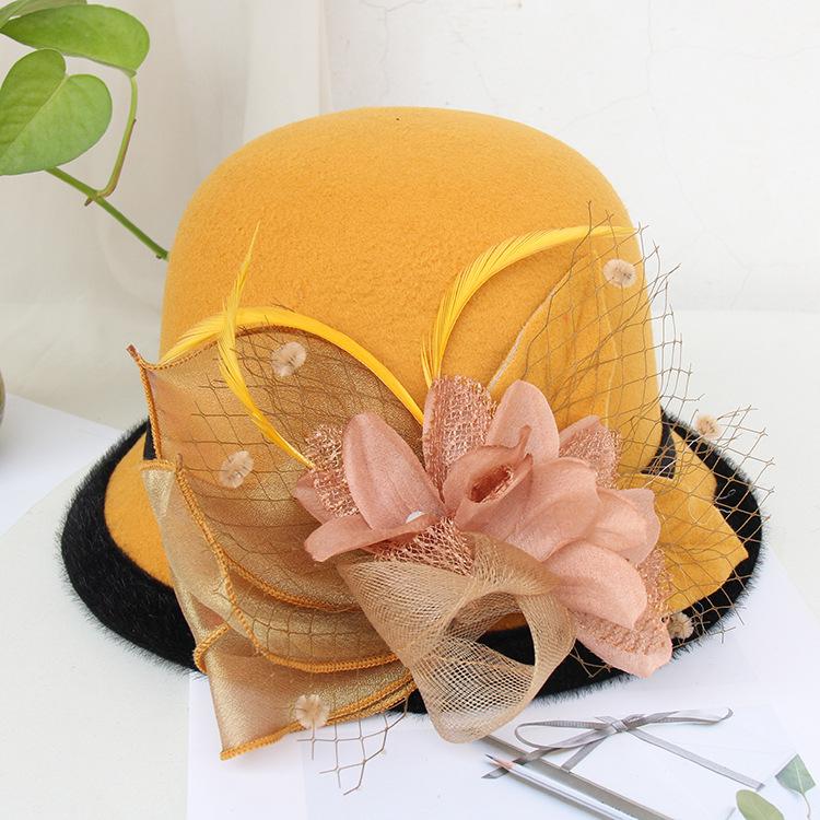 Woolen hat female autumn and winter British celebrity feather mesh yarn dome top hat casual versatile bucket hat basin hat tide
