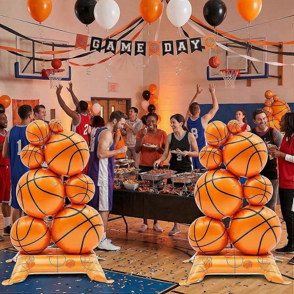 2 Pack Giant Self Standing Basketball Foil Balloons 3.5 ft with Field Base for Birthday Themed Party Decoration Sports Supplies Decor (Basketball Pile