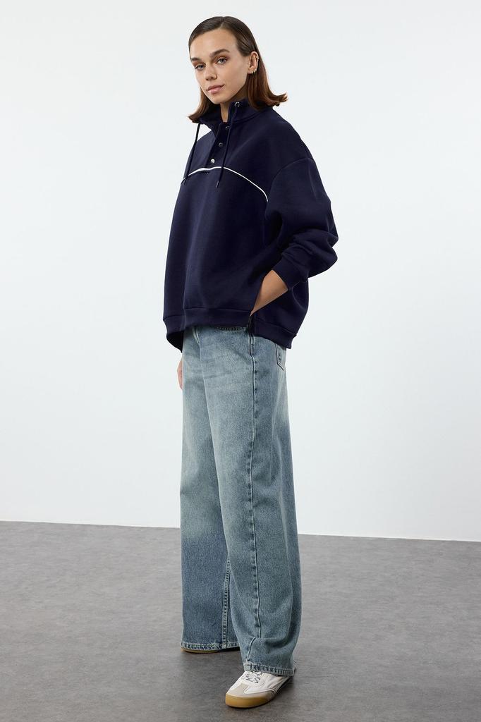 Женская модная стильная толстовка темно-синего цвета с застежкой-кнопкой большого размера с окантовкой из толстого флиса внутри вязаная толстовка