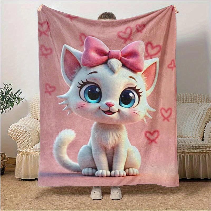 1pc Cute Cartoon Cat with Pink Bowknot Blankets, Cartoon Blanket, for Decorating Your Own Sofa and Living Room, Super Soft Flannel, for All