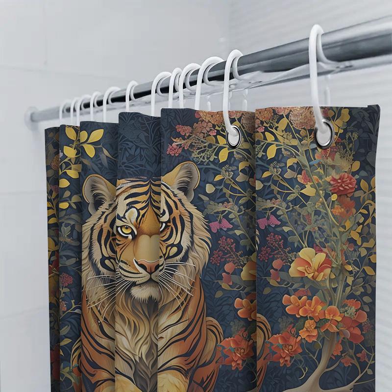 Gold Tiger Shower Curtain: Floral Print Bathroom Decor For Home Decoration Modern Style Animal Motif Window Covering Waterproof