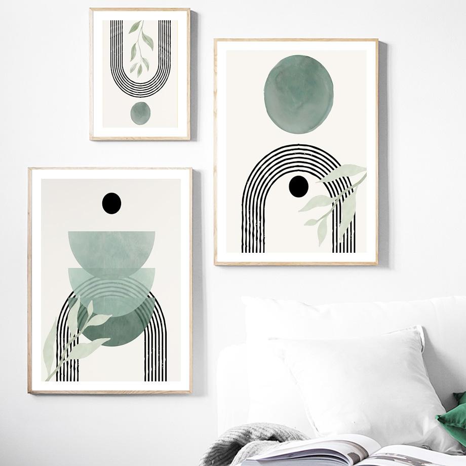 Abstract Geometric Sage Green Botanical Artwork Boho Wall Art Print Canvas Painting Nordic Poster Wall Picture Living Room Decor
