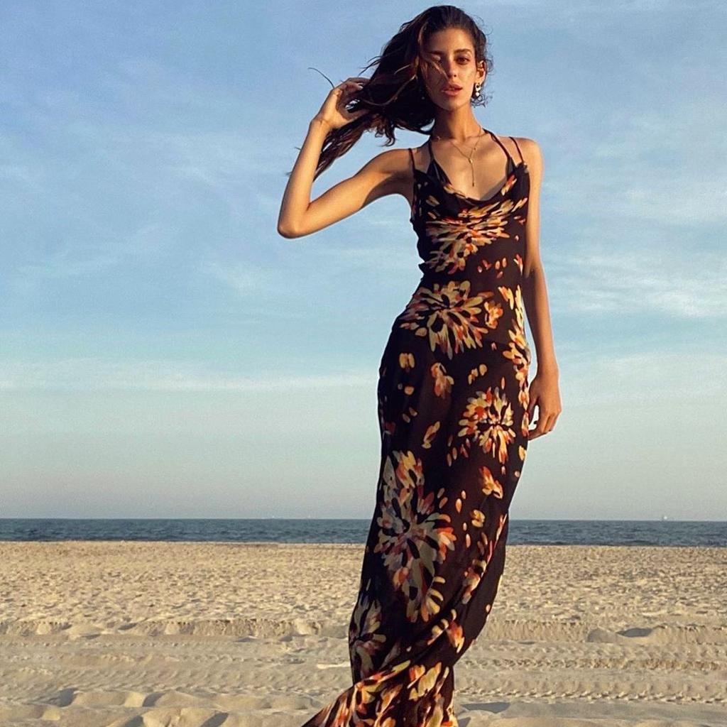 European and American summer women's clothing retro printing suspender dress vacation wind swinging collar sexy beach dress