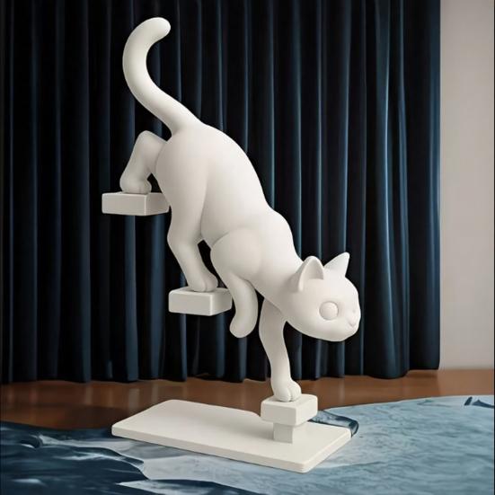 3D Printed Cat Stair Sculpture Dynamic Climbing Kitten Statue with Mini Platform, Modern Desk Decor for Office & Home