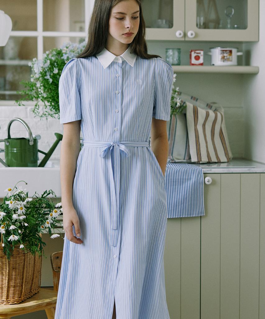 Nonlocal Puff Stripe Shirt Dress - Blue
