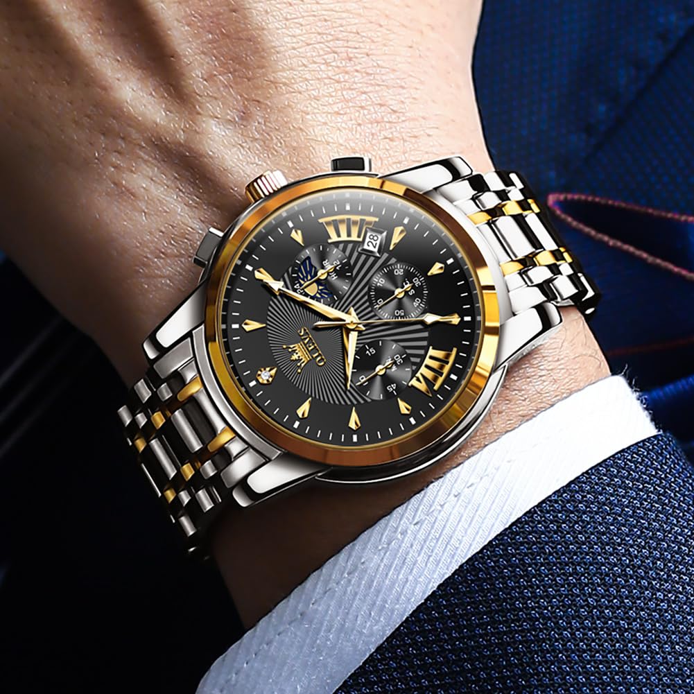 OLEVS Men's Watch, Popular and Stylish, Business Brand, Waterproof Quartz Movement, Luxury Gentleman's Watch, Slim, Stainless Steel Band, Black, Gift