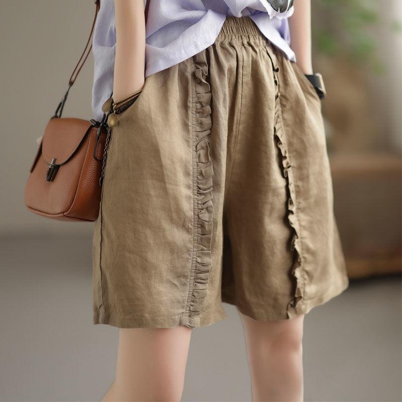 Summer Women's Shorts Casual Pants Loose Retro Pleated Women's Cotton Linen Elastic Waist Pants