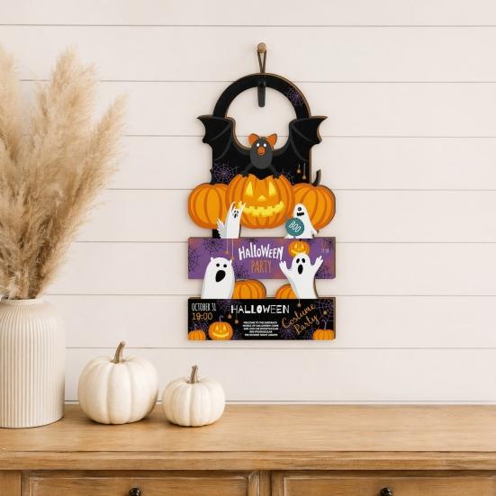 2 Pcs Halloween Door Hanger Signs, Wooden Pumpkin Bat Door Knob Hanger for Home Bedroom, Holiday Party Decor