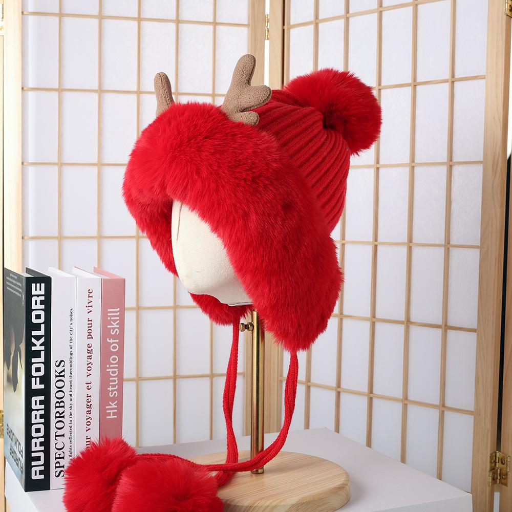 Рождественская шапка с ушками и рогами в корейском стиле, вязаная, с защитой ушей, осенне-зимняя шапка-ушанка с помпоном из плюша Лей Фэн