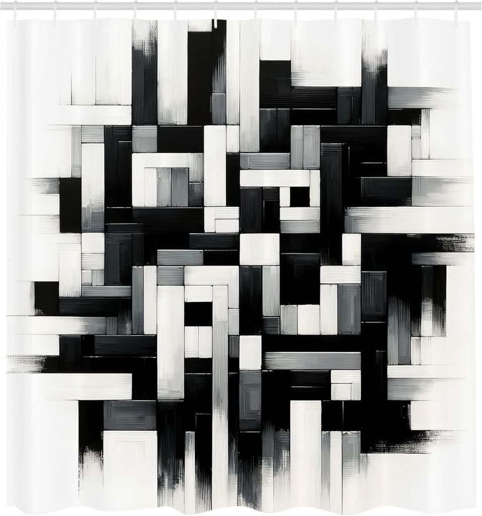 Черно-белая шторка для душа, Набросок Мазки Лабиринт Квадраты и Прямоугольники Монохромная, Ткань Ванная комната