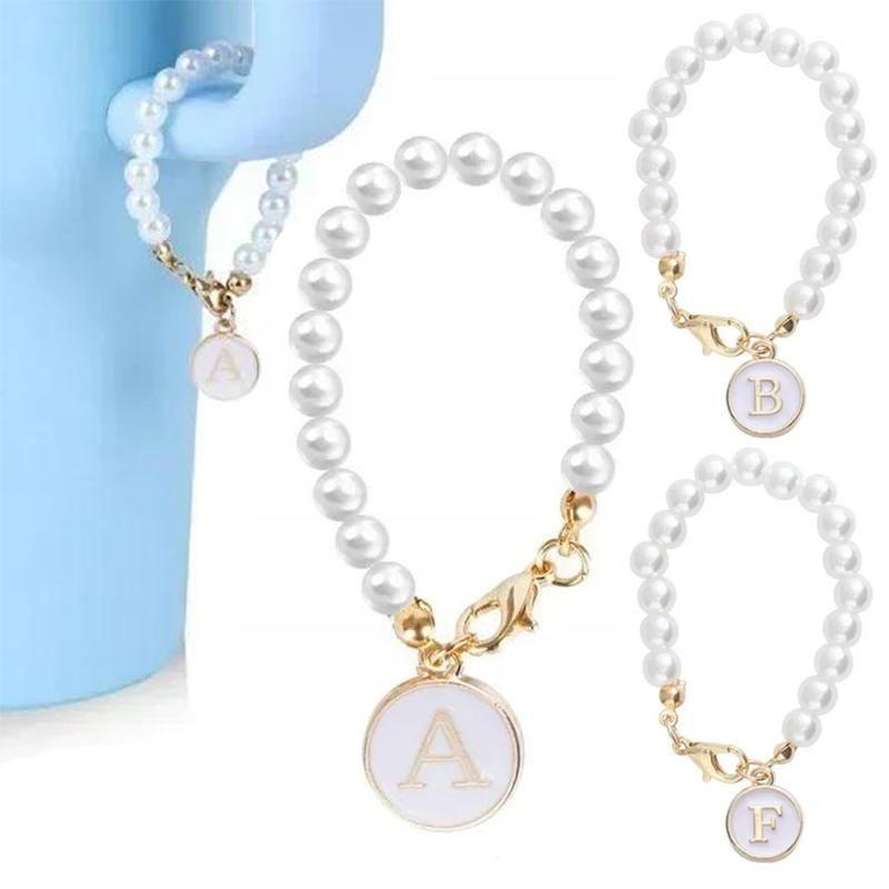 Letter Charm Pearl Chain For Most Cups Accessories For Handle Water Bottle Tumbler Personalized Initial Name ID Cups Decorations