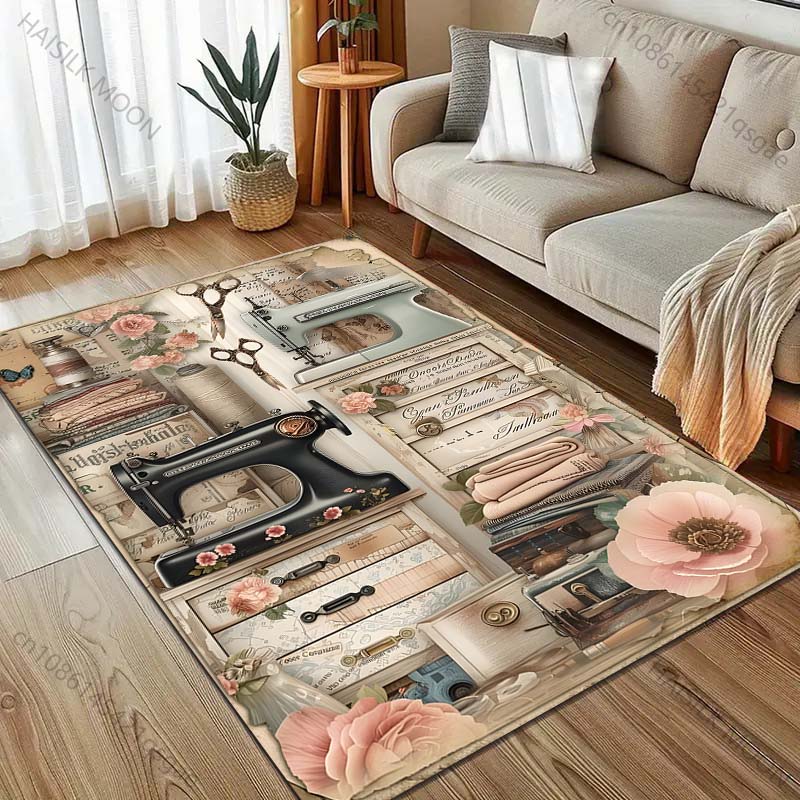 Sewing Machine Retro Style Painting Carpet for Living Room Bedroom Doormat Home Decor Sofa Table Area Rug Non-slip Floor Mat