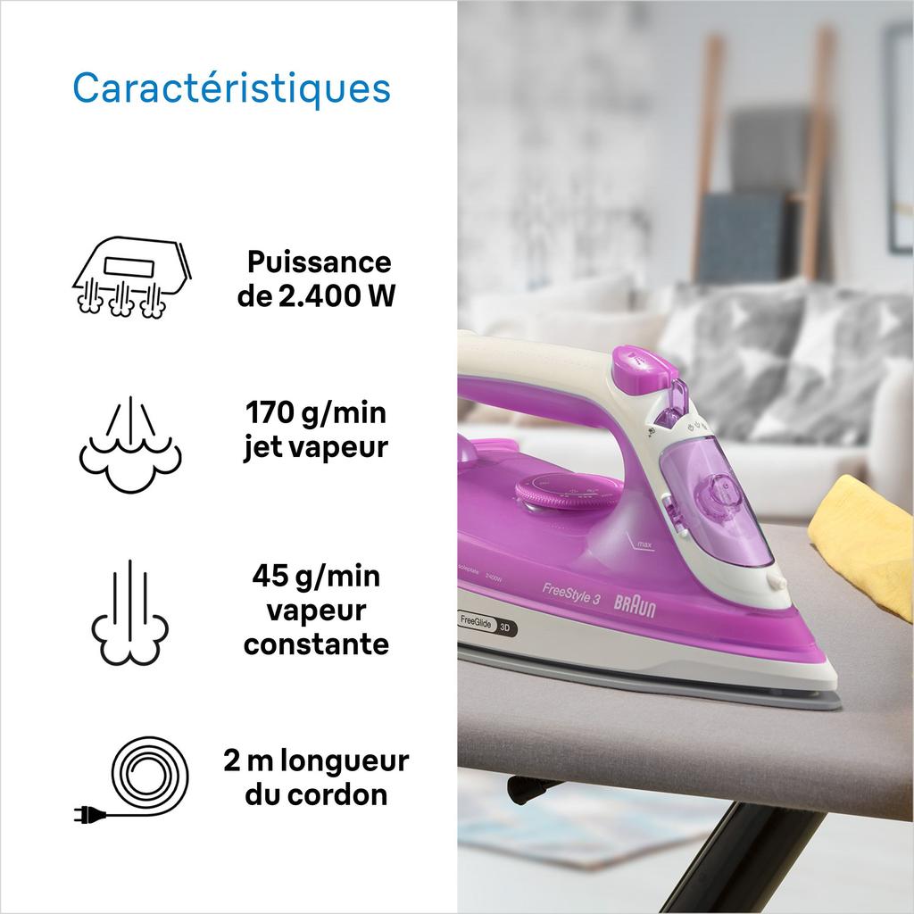 Fer vapeur - BRAUN - FI3124PU Freestyle 3 - Puissance 2400 W - Semelle SuperCéramic - Réservoir d’eau 270 ml - Auto-nettoyant