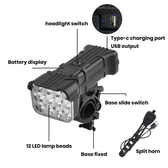 Перезаряжаемый велосипедный фонарь с звуковым сигналом. Супер яркий, высокий люмен. 5 регулируемых режимов. Передний задний велосипедный фонарь. Аксессуар для аварийной лампы.