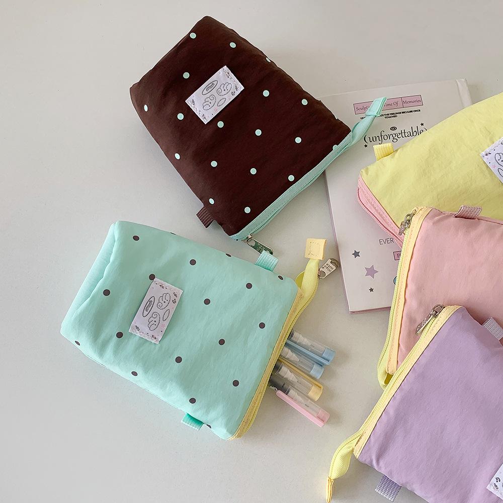 Korean Girl Round Dot Stationery Bag Pencil Case Desktop Pen Holder Zipper Coin Purse Coin Pouch Kids Cute Purse Makeup Bag