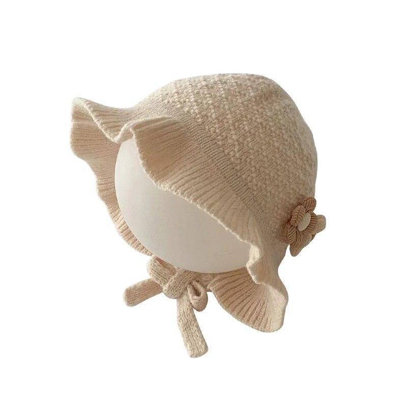 Baby Knitted Hat with Rope Retro Flower Beanie Cap for Girls Handmade Weave Infant Bonnet Winter Earflaps Caps Kids Accessories