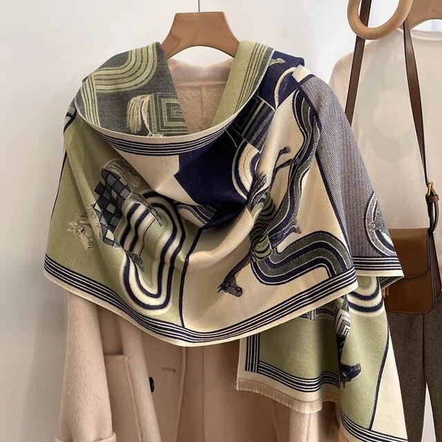 Толстый теплый зимний шарф, роскошный дизайн, принт лошади, женский кашемировый шаль из пашмины, женские шарфы с запахом, женский платок, одеяло, пончо