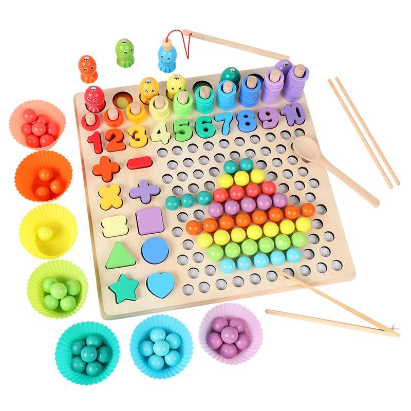 Children'S Wooden 13-In-1 Clip Beads Fishing Logarithmic Board Multifunctional Shape Digital Cognition Early Education Educational Toys