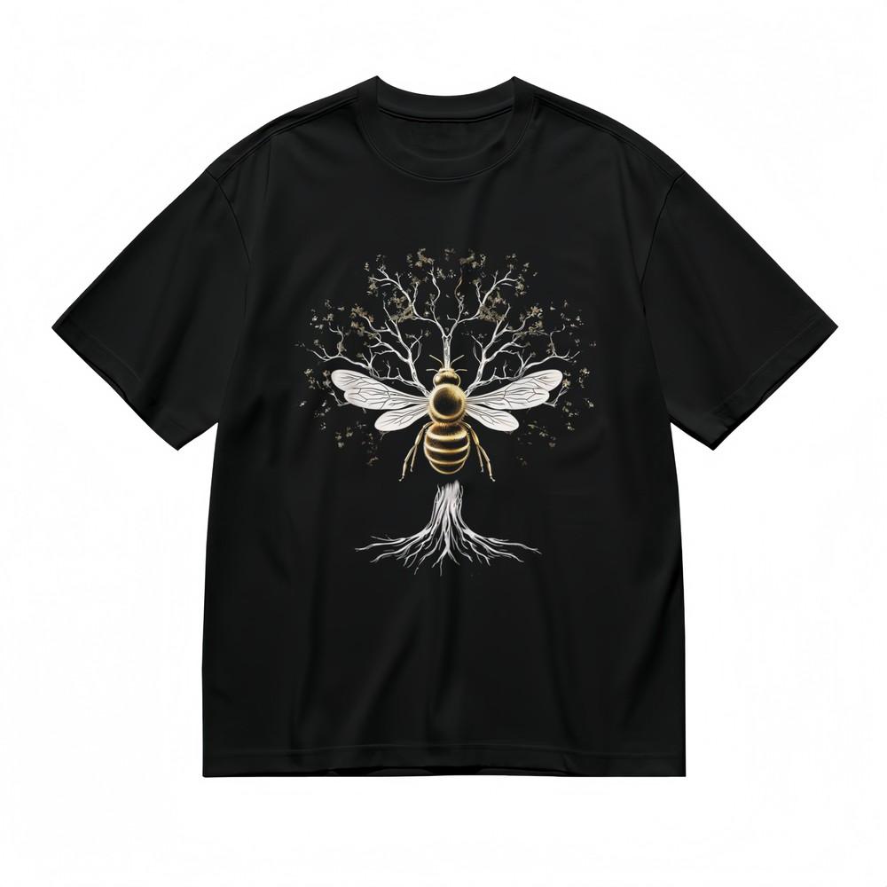Women's Botanical Bee and Tree Tee Unisex Black 100% Cotton Summer Graphic Shirt