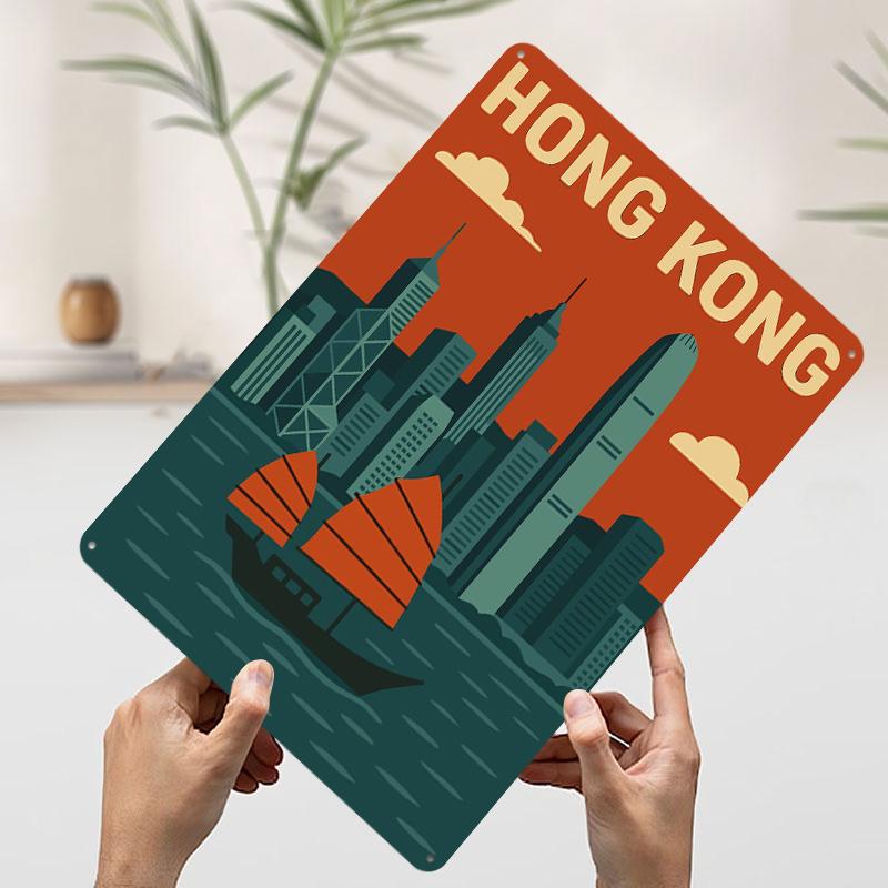 Hong Kong Cityscape Travel Printing Poster Customized Retro Wall Art Vintage Metal Signs for Room Office Decor House Home Items