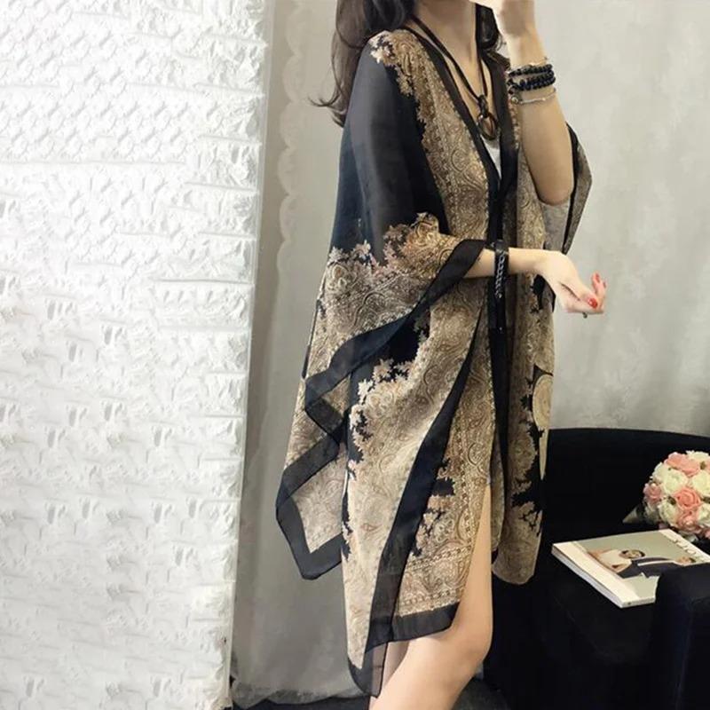 Women Bikini Cover Up Beach Dress Blouses Sun Protection Chiffon Cardigan Summer Holiday Shawl Ridding Large Size Long Tops