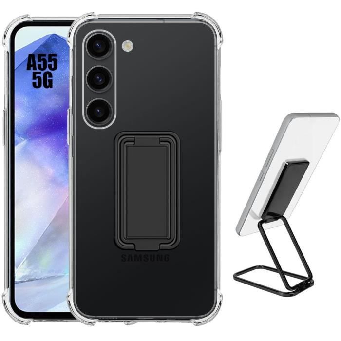 Coque Antichoc - BOOLING - pour Samsung Galaxy A55 5G - Silicone Transparent - Support Pliable - Noir