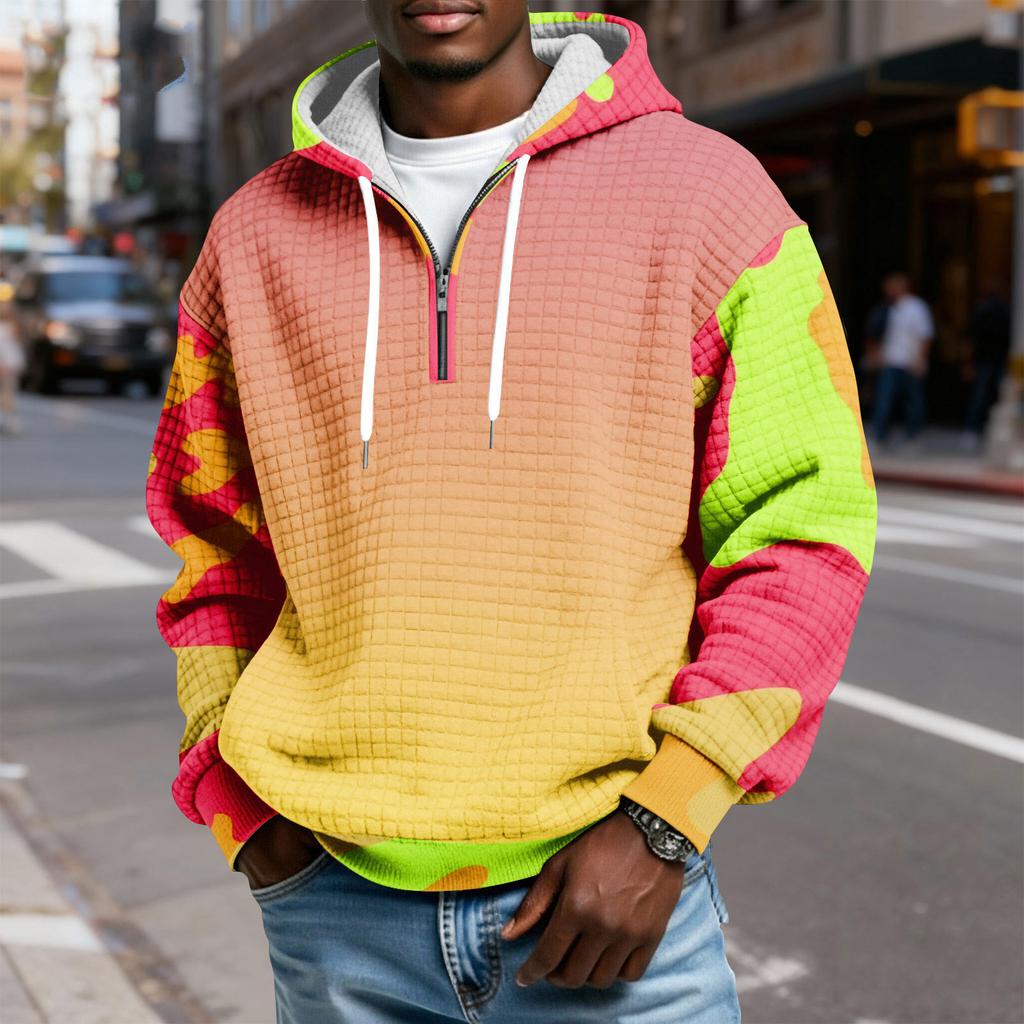 Мужской худи-пуловер в клетку с капюшоном на молнии до середины, со шнурком и принтом, повседневная спортивная толстовка