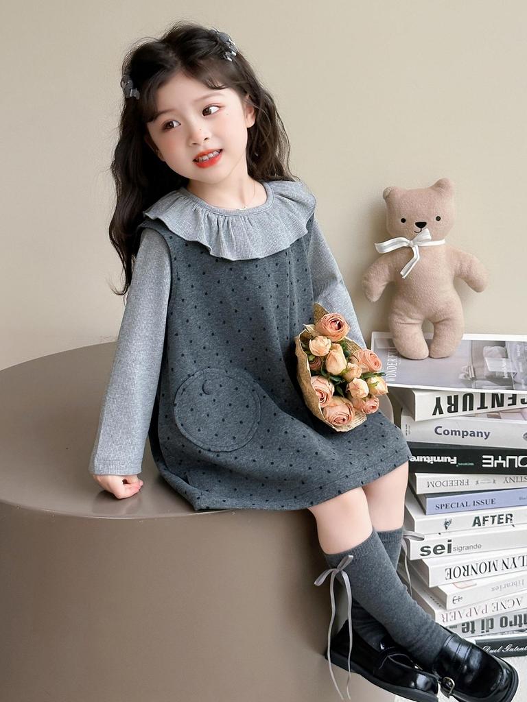 Комплект платья принцессы с рюшами и принтом в горошек для девочек на весну и осень 2025 года - Модный костюм-двойка для детей