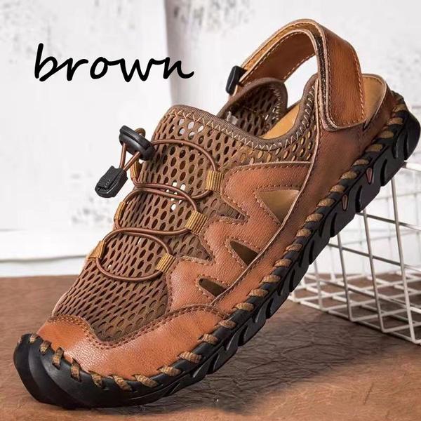 Breathable Mesh Sandals for Men Summer Casual Beach Sandals Genuine Cowhide Flats Sandals Wading Sandals Plus Size 38-48