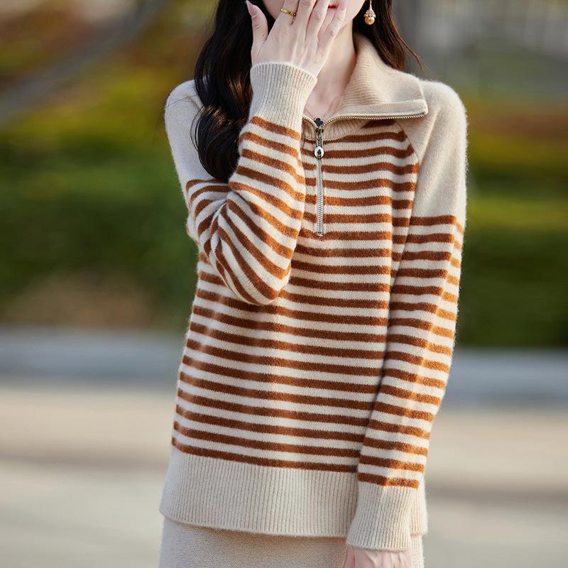Women's 100% Pure Wool High Neck Half Zip Cashmere Sweater - Loose Knit Pullover