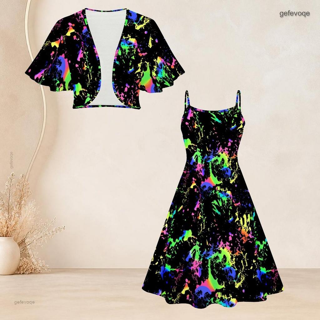Women Plus Size Two Piece Set American Flag Printed Batwing Sleeve Cropped Shrug Strappy Flared Dress