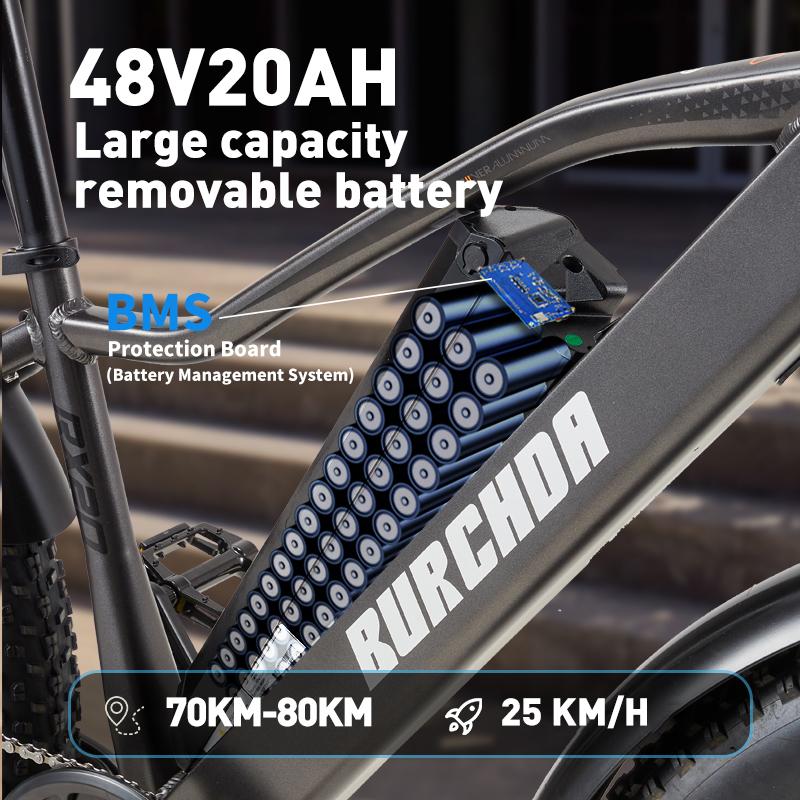 Electric Bicycle Burchad Rx20 750W Peak Motor 26" Fat Tire All Terrain Adult Electric Bike 48V 20Ah Dual Disc Brakes 7 Speed LCD Display